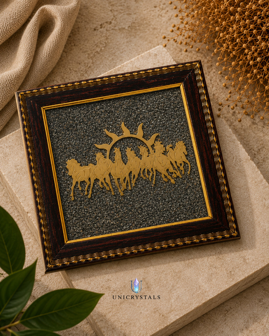 Pyrite with 7 Horses – Success & Prosperity Frame (7.5 inch)